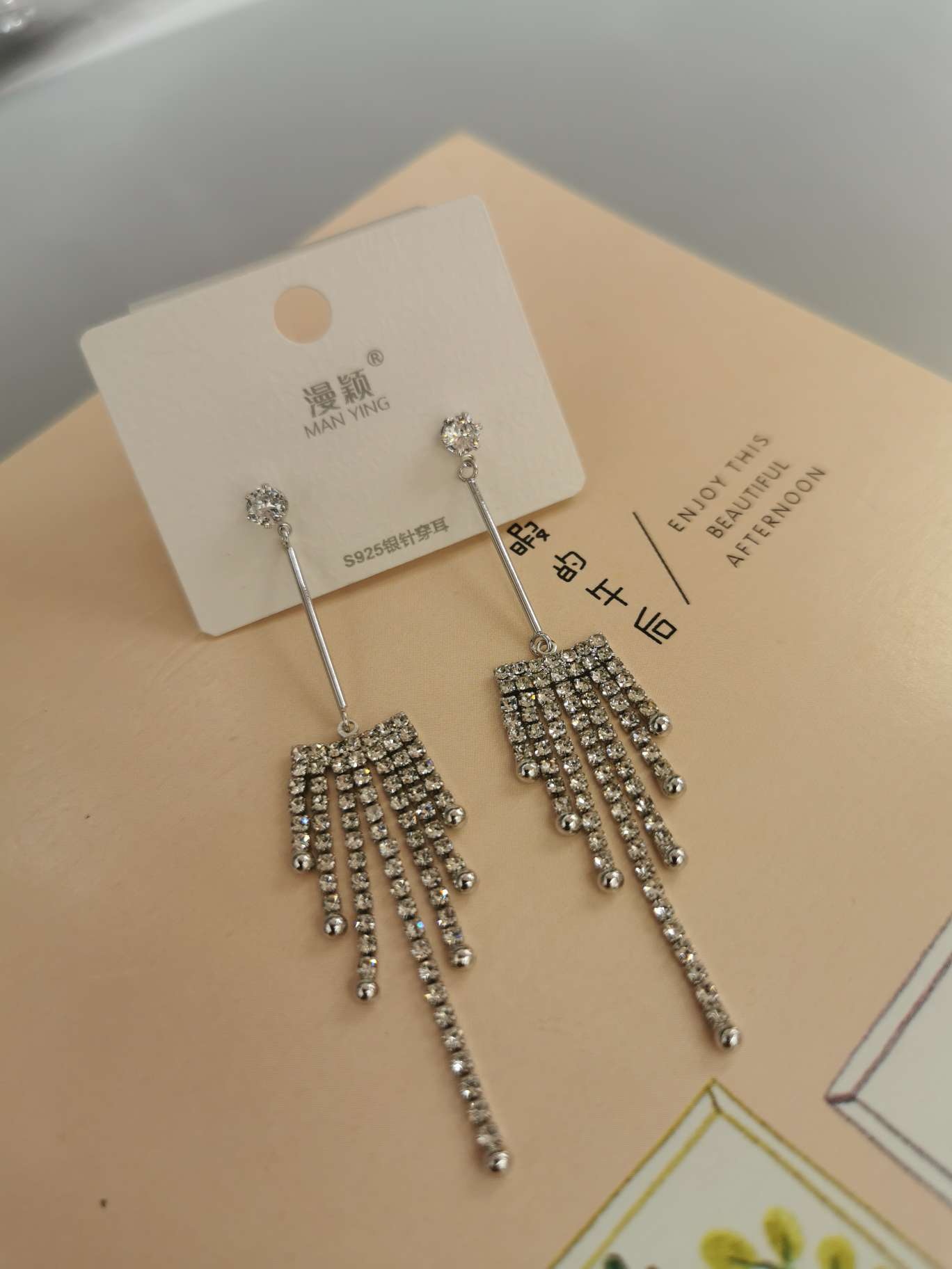 S925 silver needle long tassel earrings, shining with diamonds, exude a laid-back and elegant charm details Picture