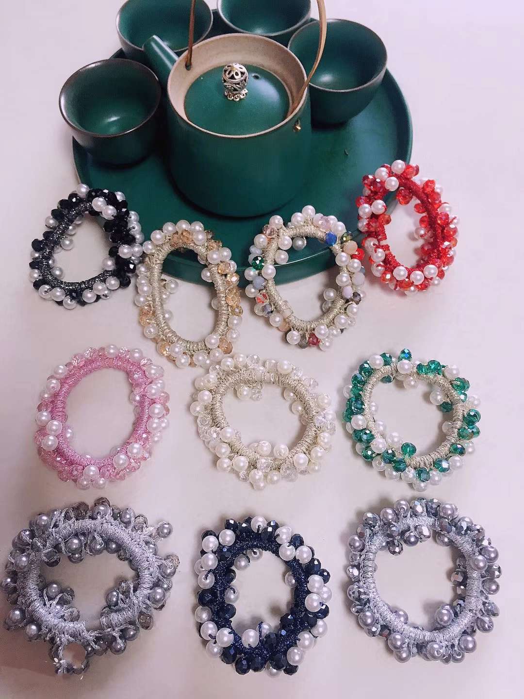 Pearl crystal headband Korean hairpin Headband High stretch hair band ponytail hair band personalized dual-use women's bracelet hand beaded thumbnail
