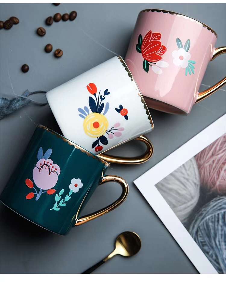 Girlish heart flower-painted gold mug Hyuna style home milk cup Breakfast cup Office coffee cup Ceramic cup Specification image