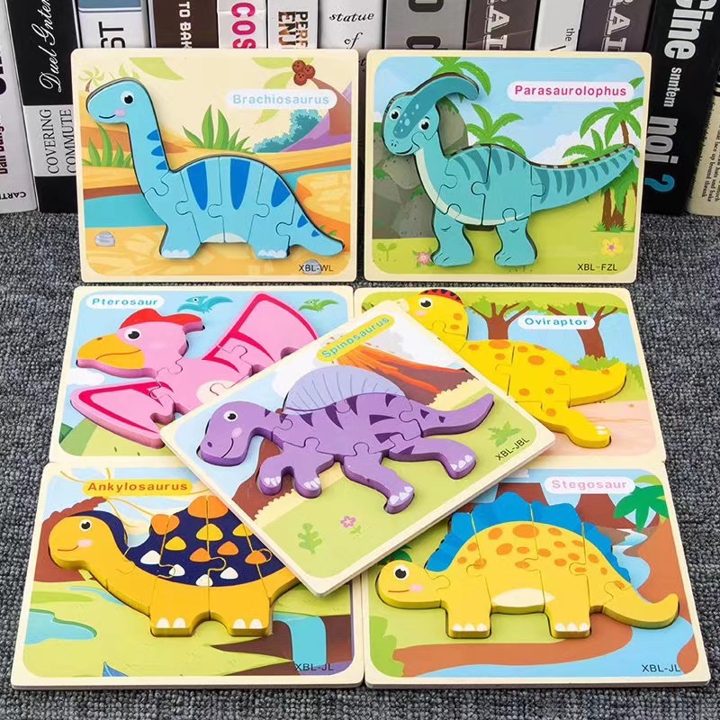 12 dinosaurs to choose from Pterosaurs Tyrannosaurus Rex colorful Learning English early education Wooden cartoon animal traffic puzzle Three-dimensional wooden puzzle early education cognitive puzzle full figure