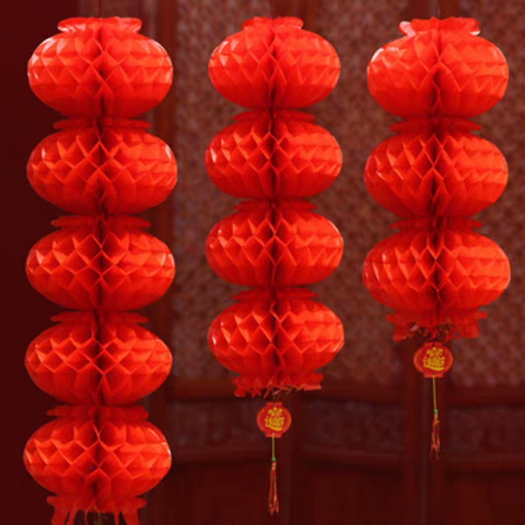 Three Series Five Series Honeycomb Lantern Red Outdoor Waterproof Plastic Paper Lantern String