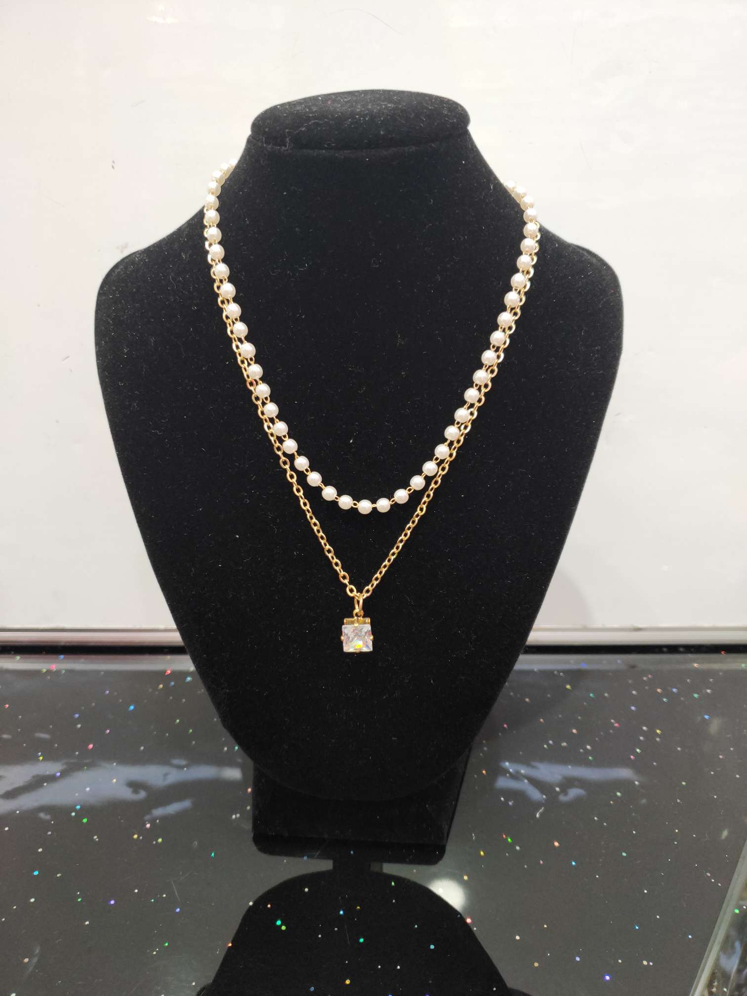 New trendy web celebrity imitation pearl necklace zircon foursquare pendant thumbnail