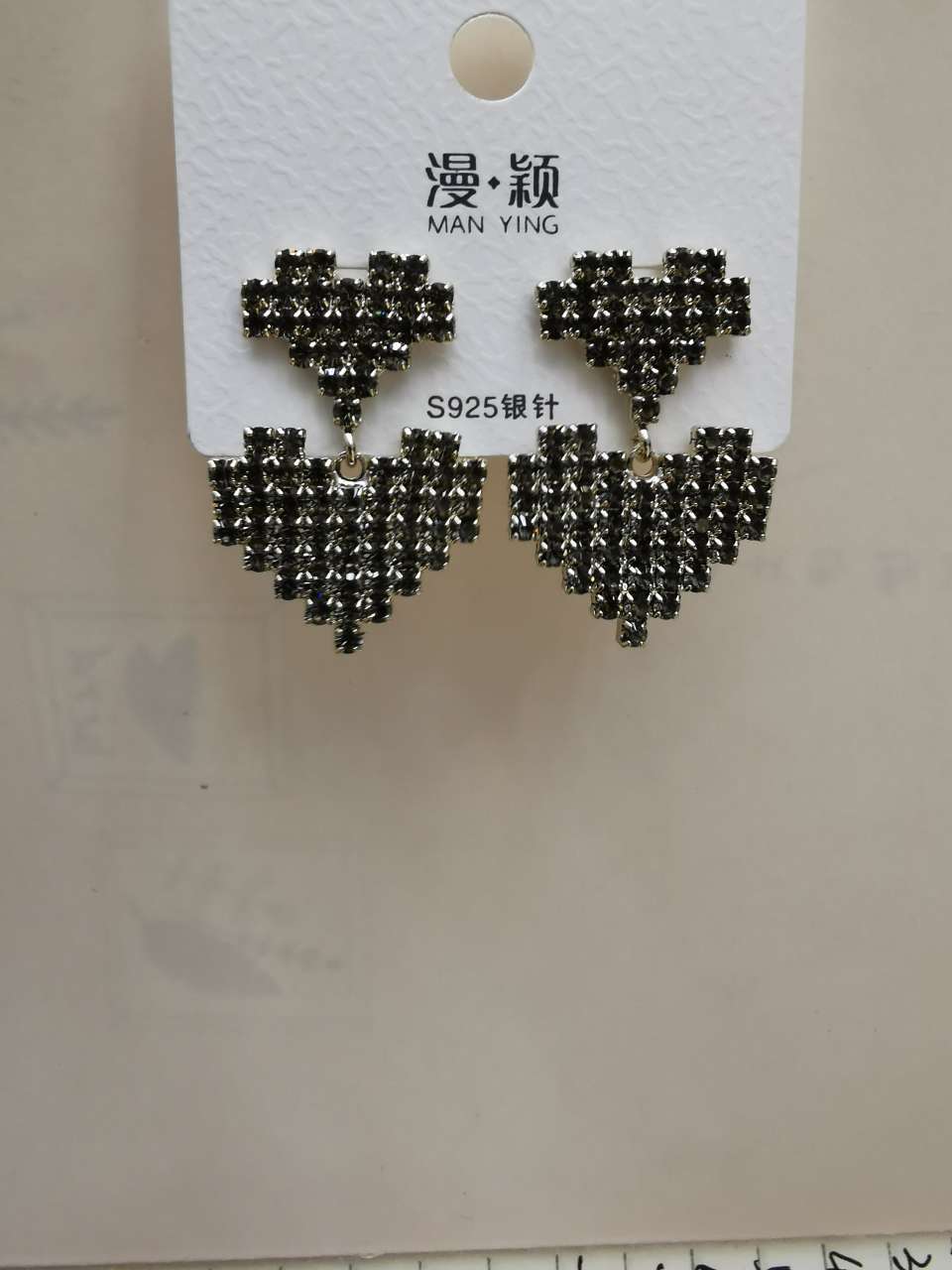 Simple and elegant double heart stud earrings 925 silver needle full diamond set diamond pendant earrings and earrings, Korean jewelry