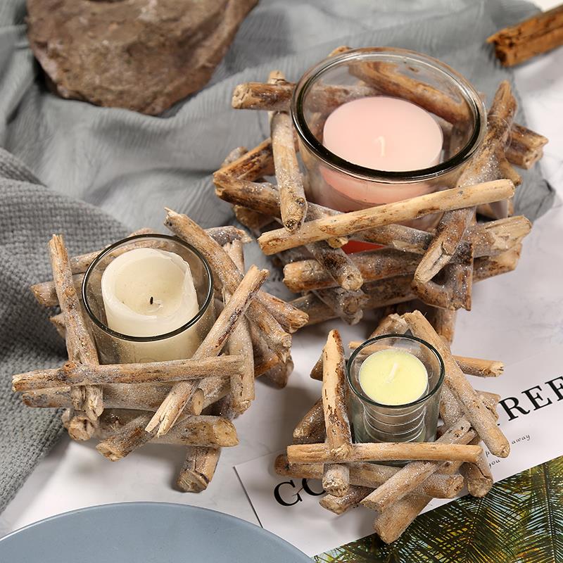 Original ecological driftwood candlestick with glass cup