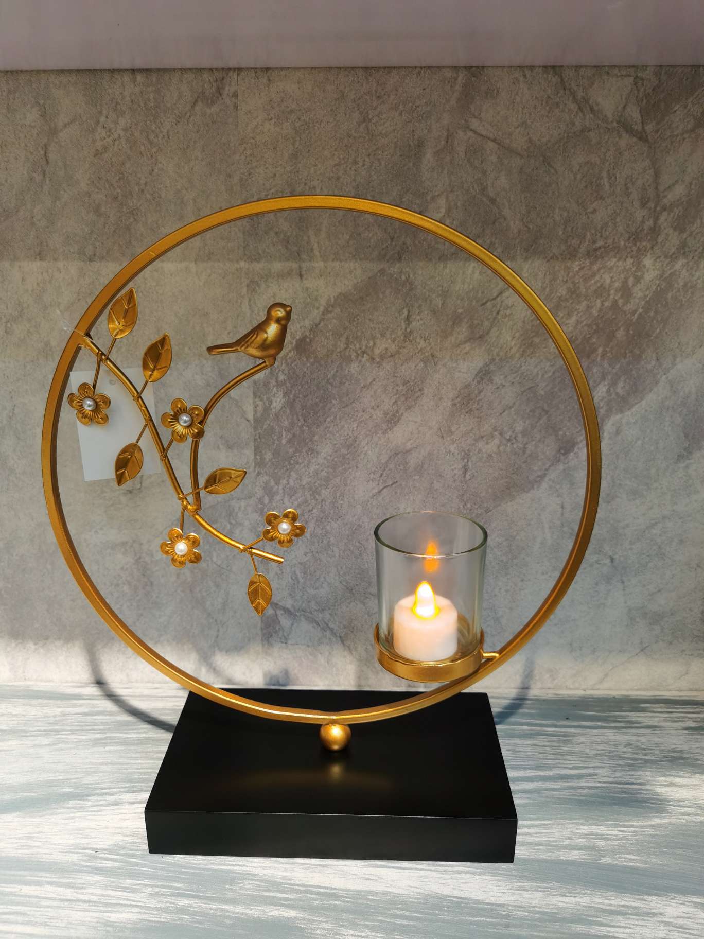 Gold candlestick round with glass wooden decorations creative iron art Nordic iron furniture ornaments bedroom bedside living room teahouse cafe thumbnail