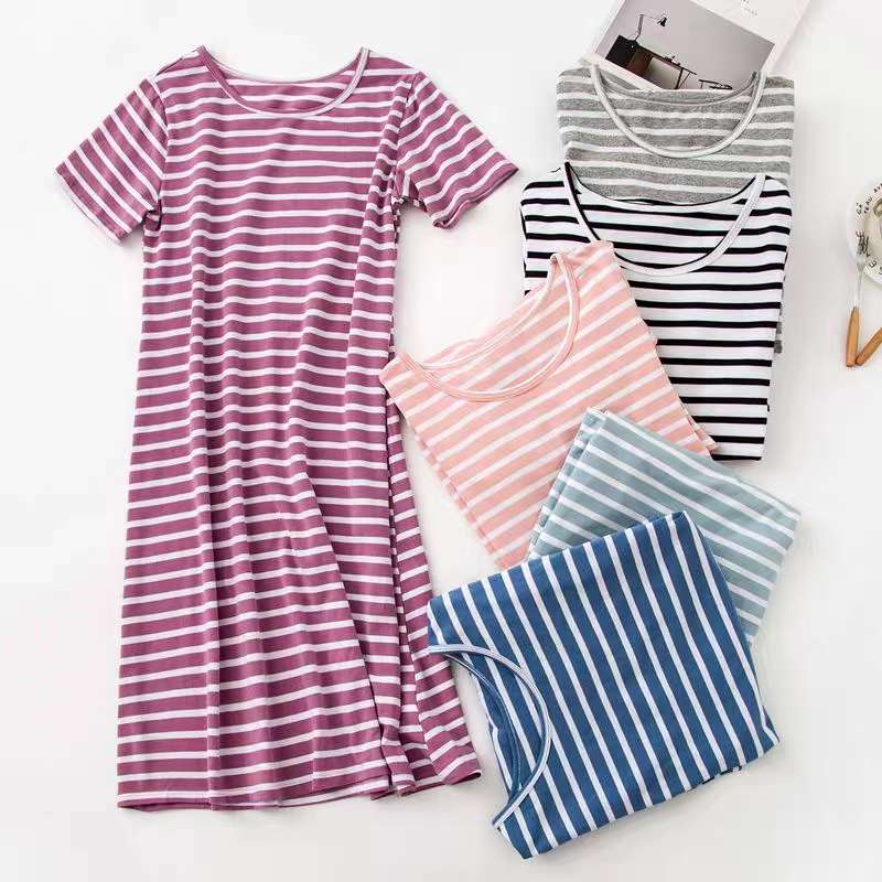 Plus-size cotton silk short-sleeved long sleeping dress, summer cardigan dress, pajamas, loose for pregnant women, overweight girls, home wear for women, sizes S, M, L, XL, colors pink, gray, blue.