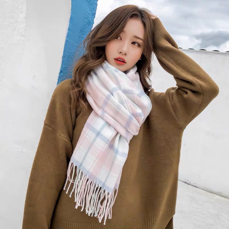 品尚围巾新款女秋冬季款加厚针织毛线围巾披肩围脖可爱少女格子围巾产品图