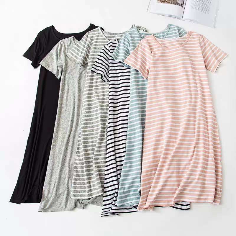 Plus-size cotton silk short-sleeved long sleeping dress, summer cardigan dress, pajamas, loose for pregnant women, overweight girls, home wear for women, sizes S, M, L, XL, colors pink, gray, blue. Specification image