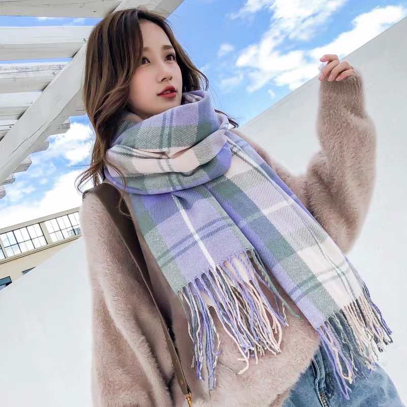 品尚围巾新款女秋冬季款加厚针织毛线围巾披肩围脖可爱少女格子围巾详情图10
