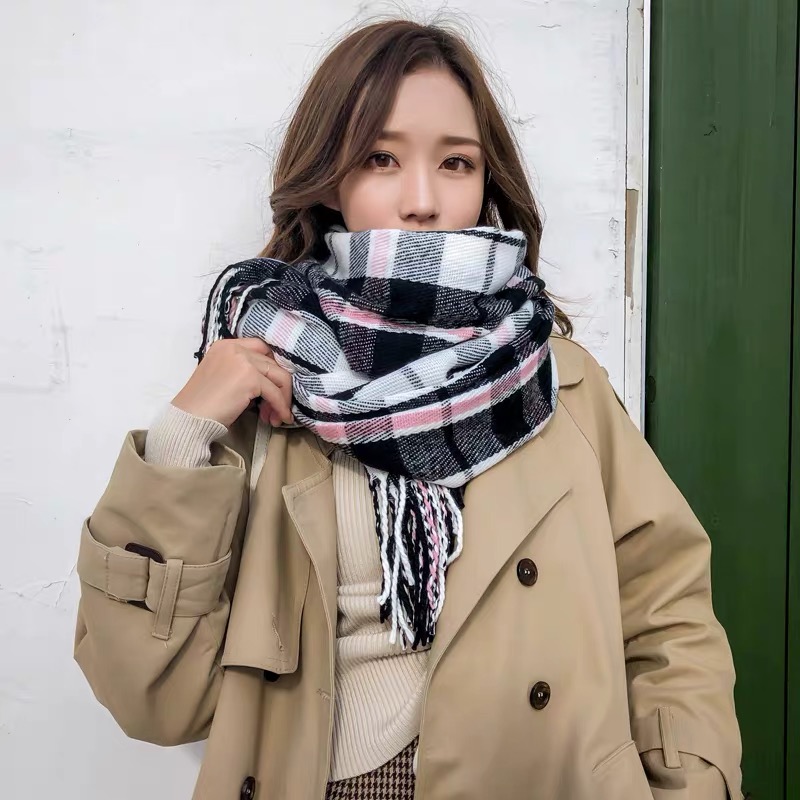 品尚围巾新款女秋冬季款加厚针织毛线围巾披肩围脖可爱少女格子围巾细节图