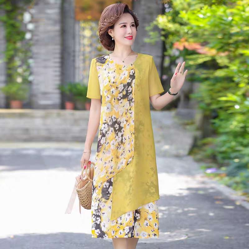 妈妈夏装洋气阔太太连衣裙2020新款中老年女装，材质舒适，加大，尺码S M L XL XXL XXXL,颜色 黄色 粉色