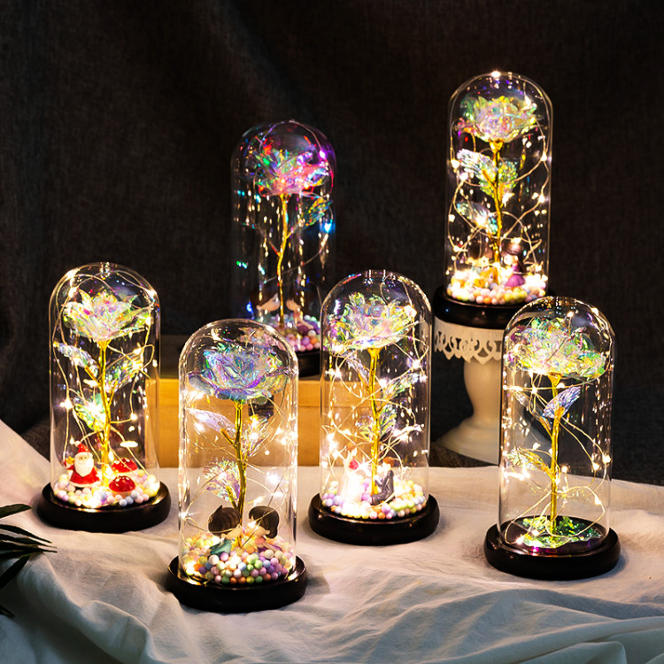 Seven-color 24K gold foil flower, colored gold luminous strip light, eternal gold foil rose, glass cover, led gift box set of decorative items undefined
