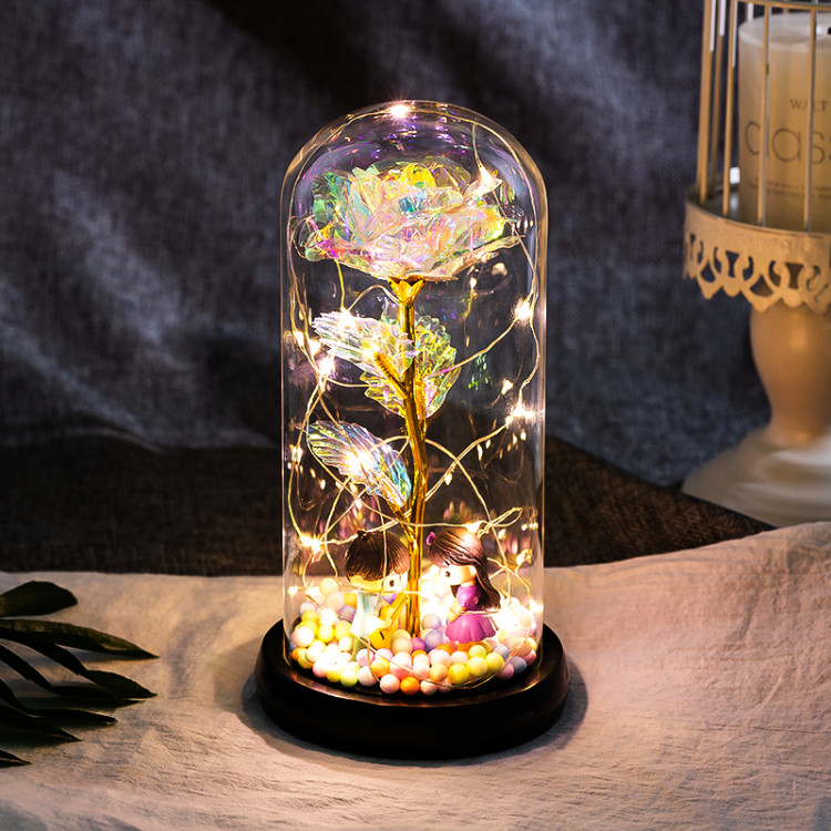 Seven-color 24K gold foil flower, colored gold luminous strip light, eternal gold foil rose, glass cover, led gift box set of decorative items Item Picture
