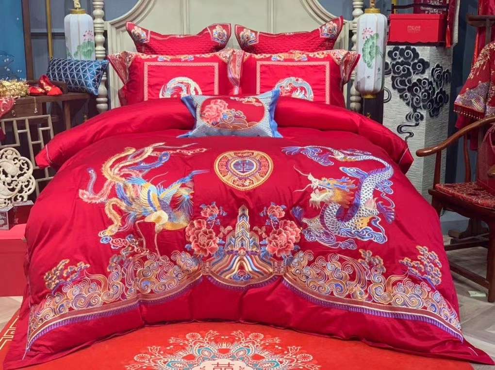 奢华100S全棉纯棉贡缎四件套结婚庆红色床上用品十件套1.8m六件套