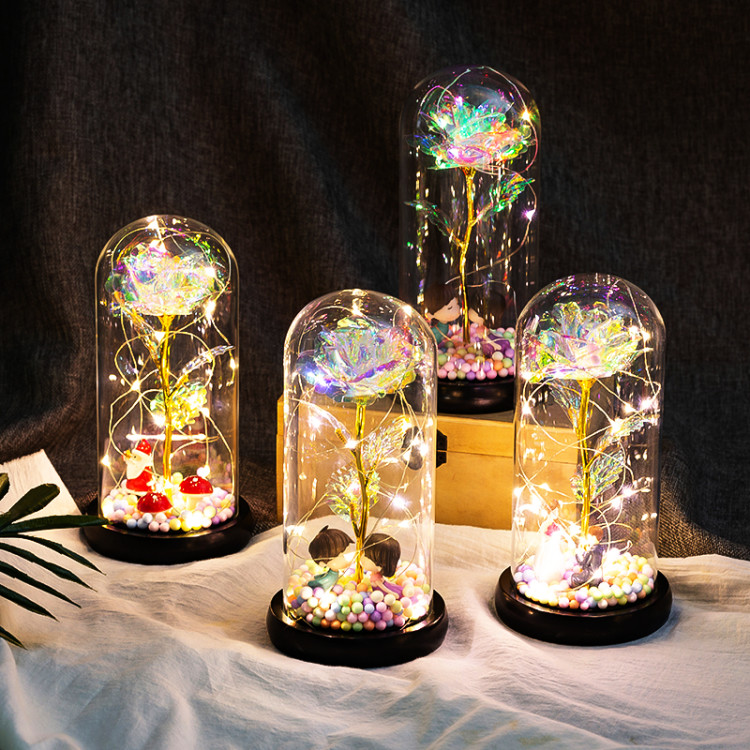 Seven-color 24K gold foil flower, colored gold luminous strip light, eternal gold foil rose, glass cover, led gift box set of decorative items undefined