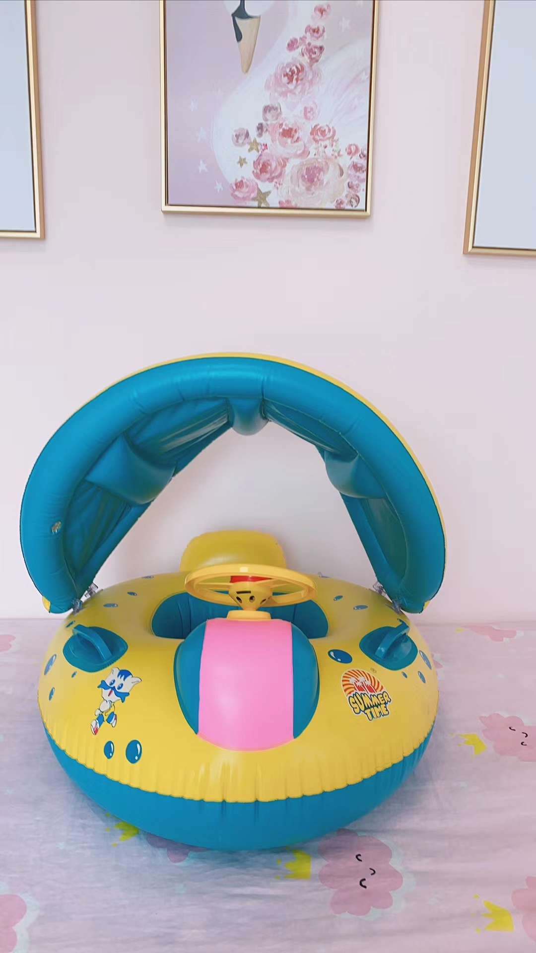 Summer time factory direct sales yellow tent big horn boat youth inflatable life jacket swimming ring 1 details Picture