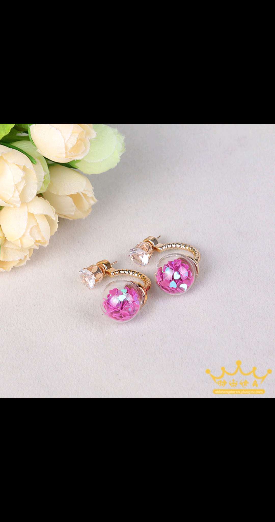 Korean exaggerated and individualistic heart-shaped sequined fresh earrings, versatile accessories, twist twist buckle earrings