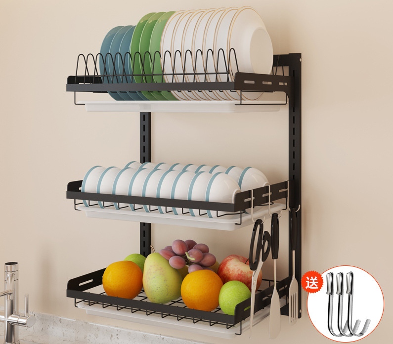 Black Three-Layer Stainless Steel Kitchen Shelf Wall Hanging Dish Rack Knife Chopsticks Drain Rack No Hole Drying Bowl Put Bowl Storage Rack