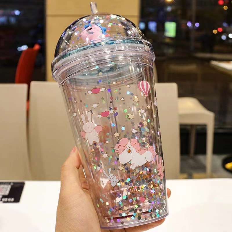 New plastic unicorn straw with sequined cartoon double-layered water cup from Yiwu. Name: Unicorn undefined