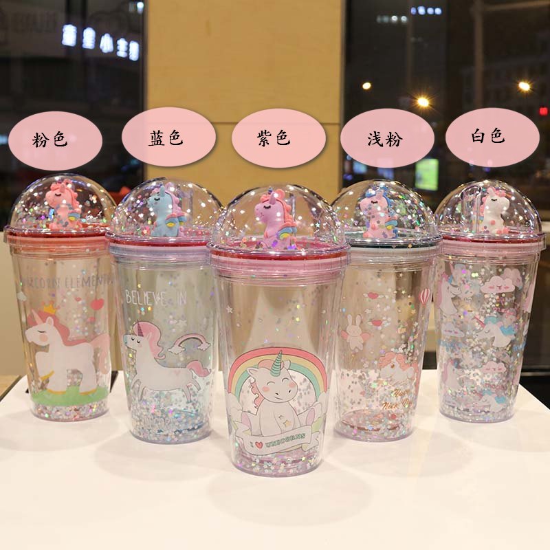 New plastic unicorn straw with sequined cartoon double-layered water cup from Yiwu. Name: Unicorn undefined