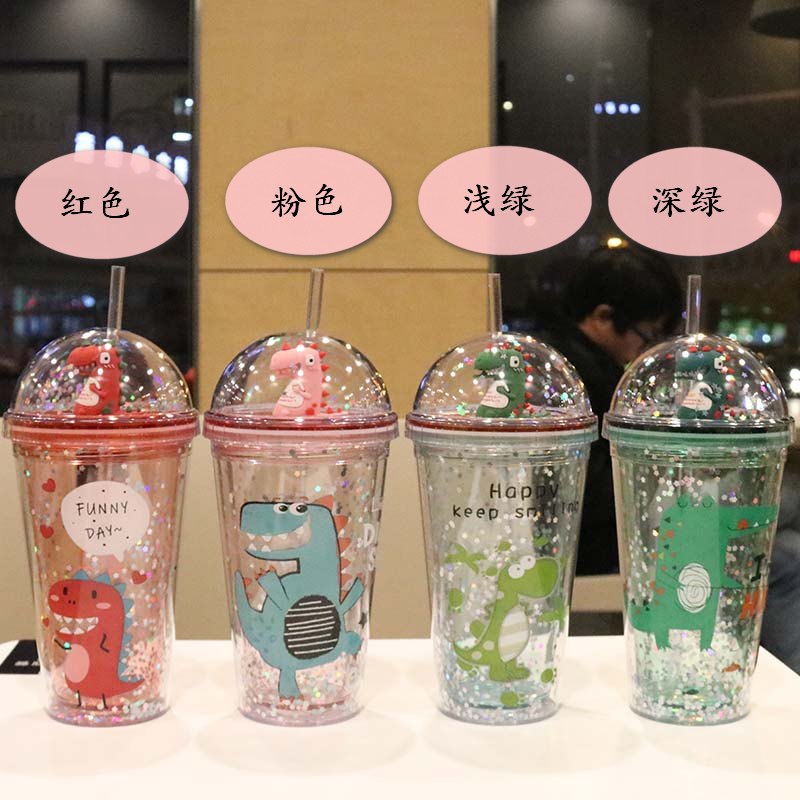 Yiwu Good Goods Small Dinosaur Straw Glitter Cartoon Double Water Cup Small Dinosaur Cup Specification drawing