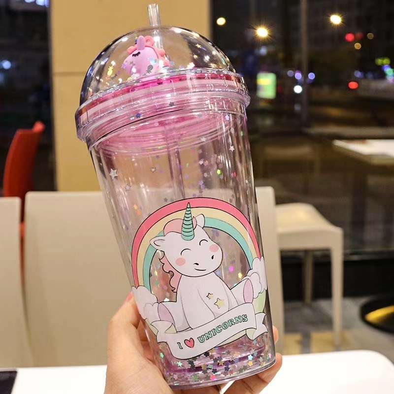 New plastic unicorn straw with sequined cartoon double-layered water cup from Yiwu. Name: Unicorn Application Scenario