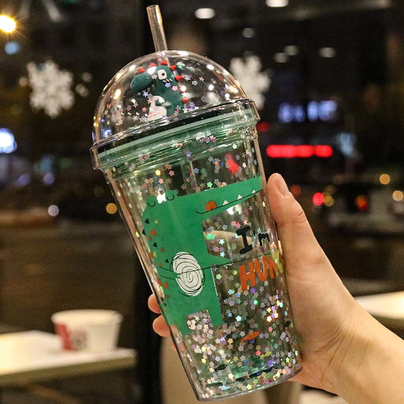 Yiwu Good Goods Small Dinosaur Straw Glitter Cartoon Double Water Cup Small Dinosaur Cup Application Scenario