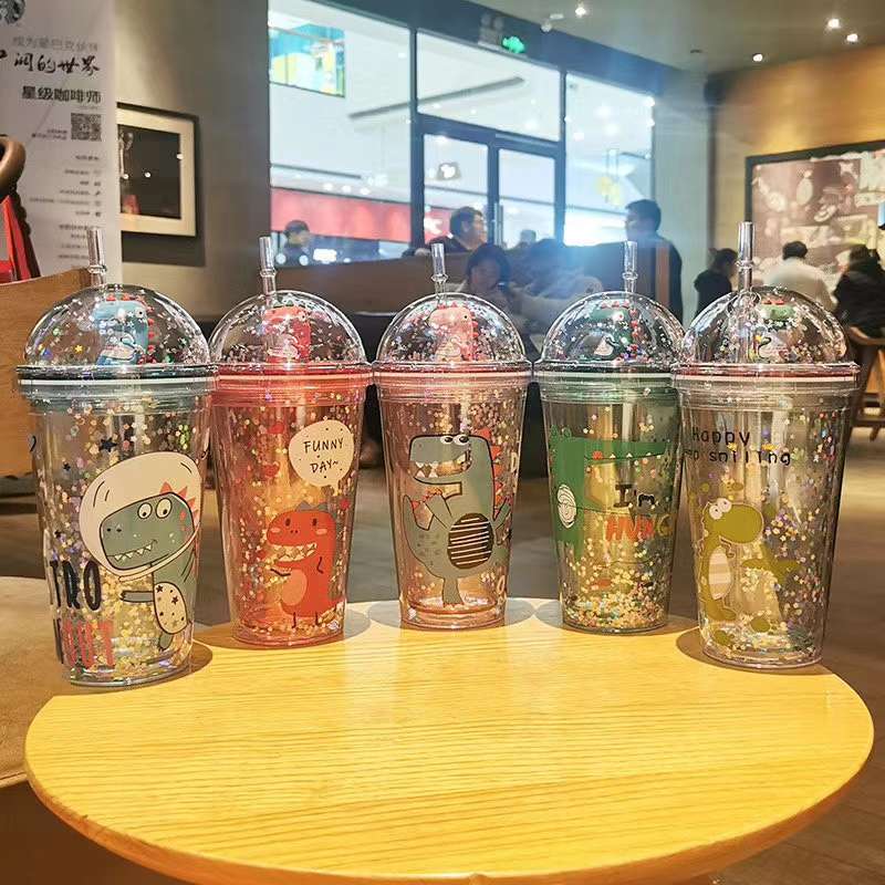 Yiwu Good Goods Small Dinosaur Straw Glitter Cartoon Double Water Cup Small Dinosaur Cup full figure