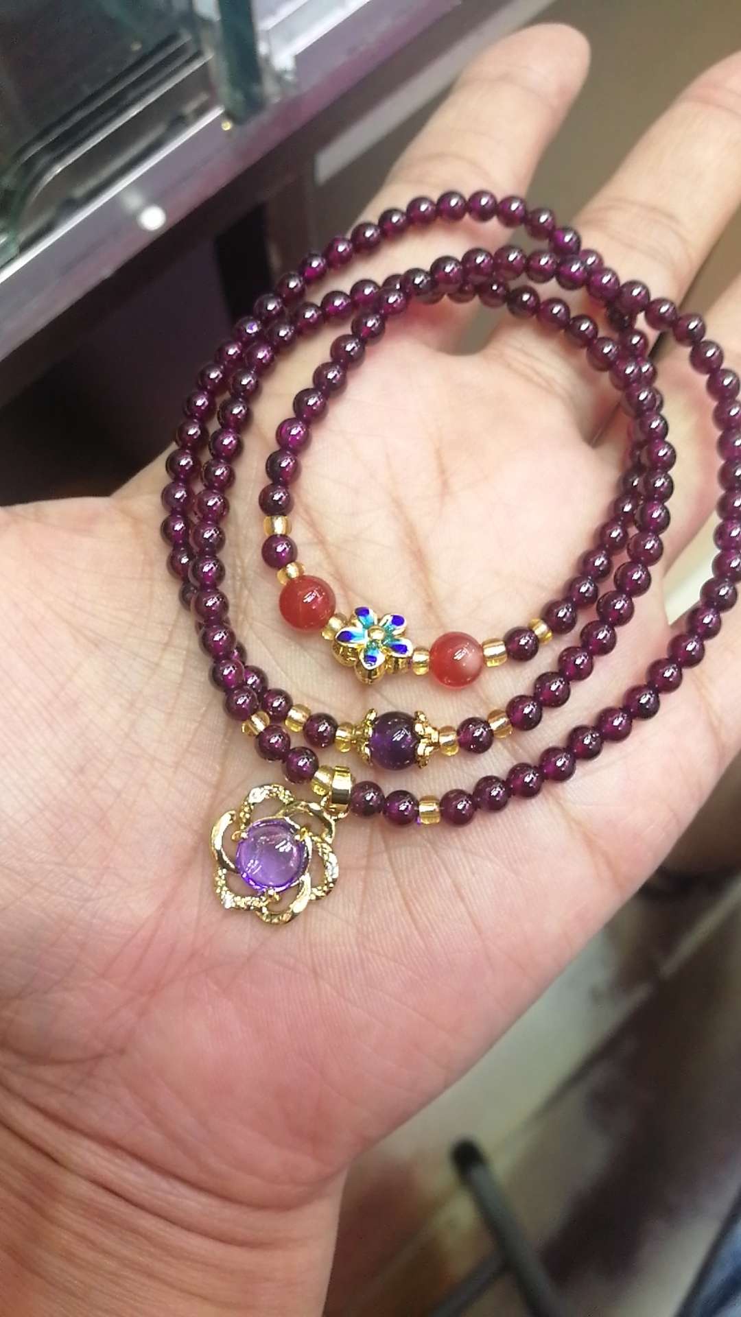 Purple-toothed garnet three-ring bracelet + Cloisonne accessories details Picture