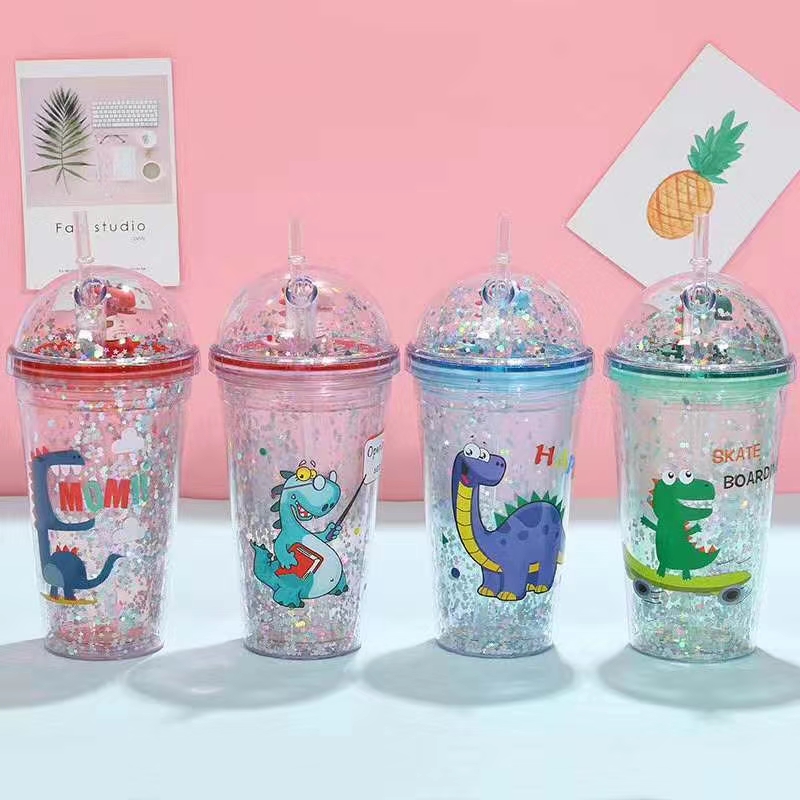 Yiwu Good Goods Small Dinosaur Straw Glitter Cartoon Double Water Cup Small Dinosaur Cup details Picture