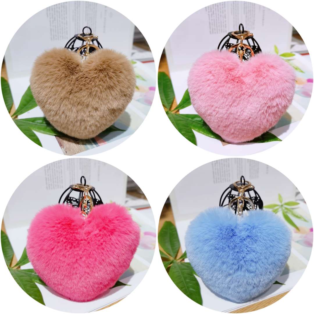 Heart-shaped plush pendant, cute keychain, mobile phone pendant, accessory, heart-shaped fur ball bag pendant details Picture