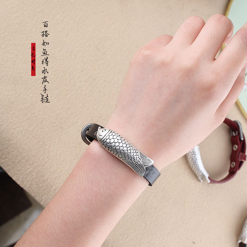 原创民族风复古仿银鱼皮革手链可调节手环网红个性潮百搭手装饰品产品图