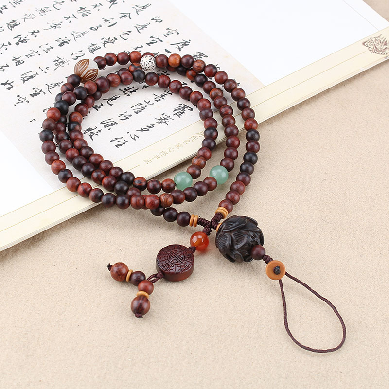 中国风酸枝檀木珠长款编织可拆卸挂脖手机壳挂绳手机链坠文艺复古产品图