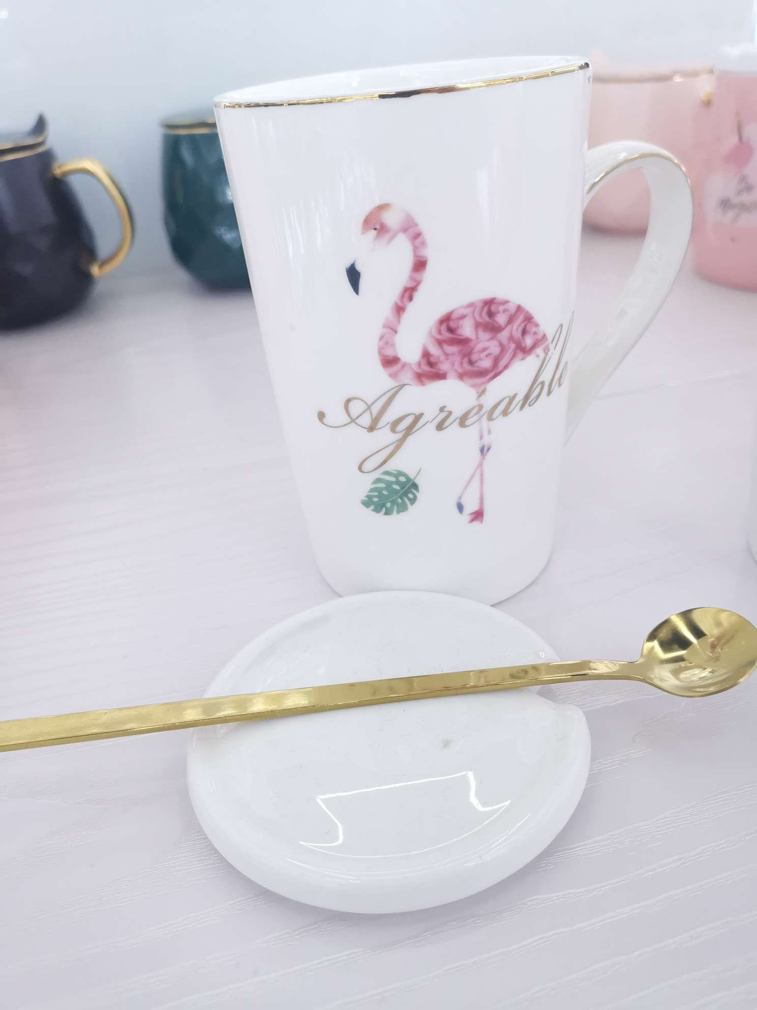 Flamingo gilded ceramic cup, coffee cup, water cup details Picture