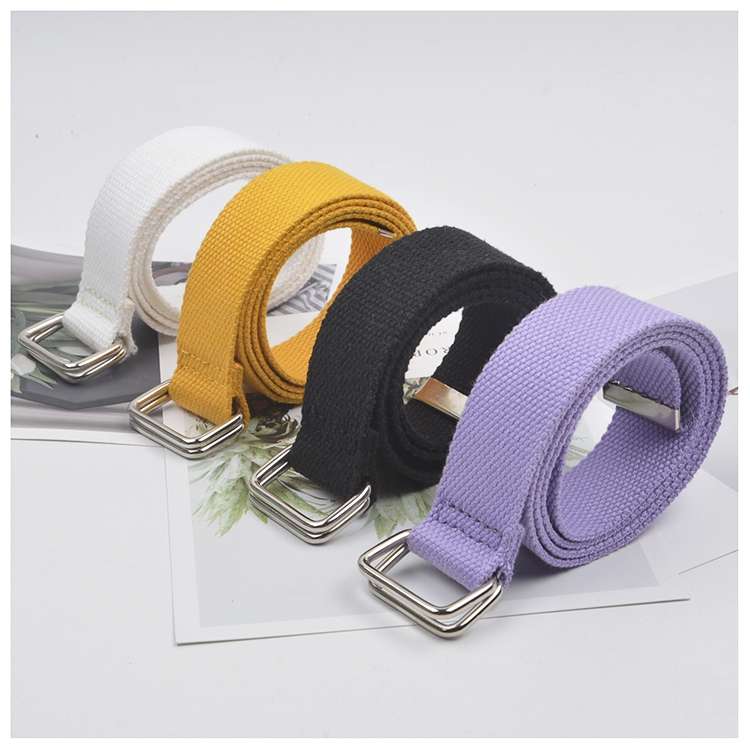 New student belt for men and women, casual canvas belt, simple double-loop buckle, fashionable and versatile belt, solid color woven belt