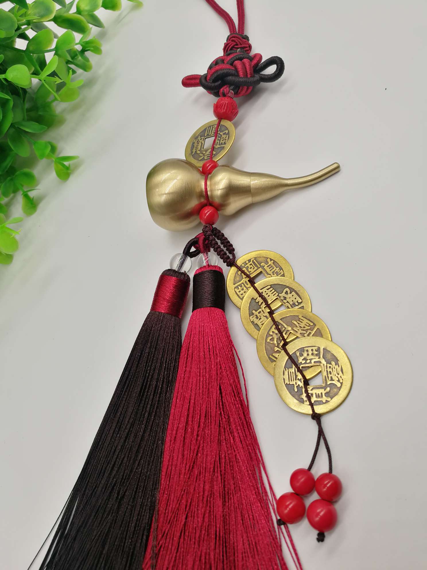 Pure copper brushed sealed oil gourd with Five Emperors' coins hanging on a car undefined