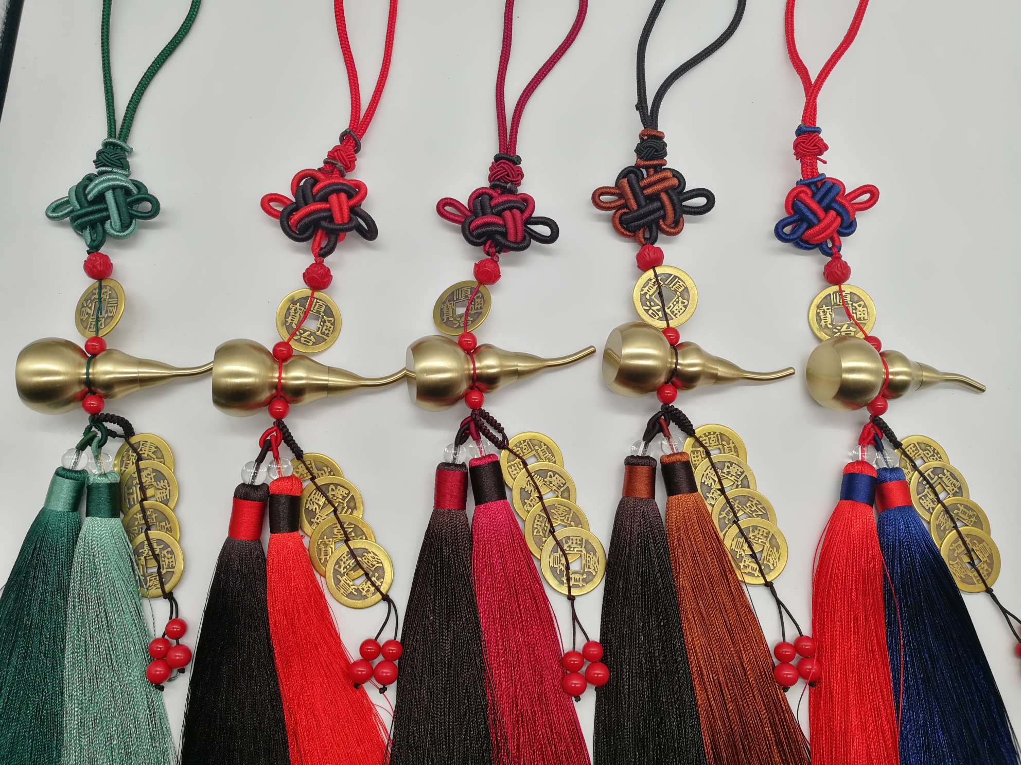 Pure copper brushed sealed oil gourd with Five Emperors' coins hanging on a car undefined