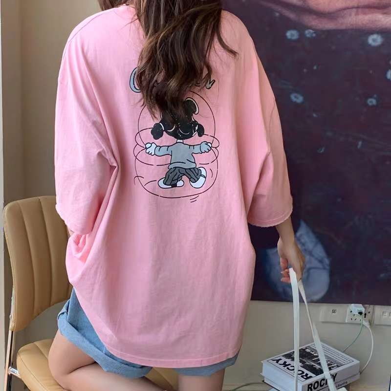 Short-sleeved T-shirt women's loose Korean-style Instagram trendy super popular bf Harajuku style Hong Kong-style versatile cartoon top details Picture