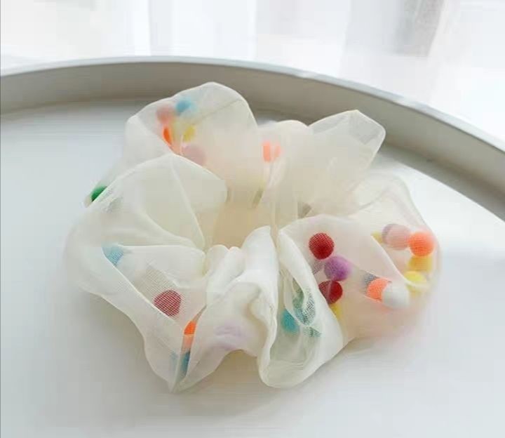 韩国网红isn大肠彩色球球浴球欧根纱少女超仙日韩头绳发绳头饰细节图