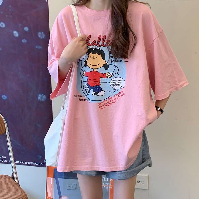 Short-sleeved T-shirt women's loose Korean-style Instagram trendy super popular bf Harajuku style Hong Kong-style versatile cartoon top Specification image