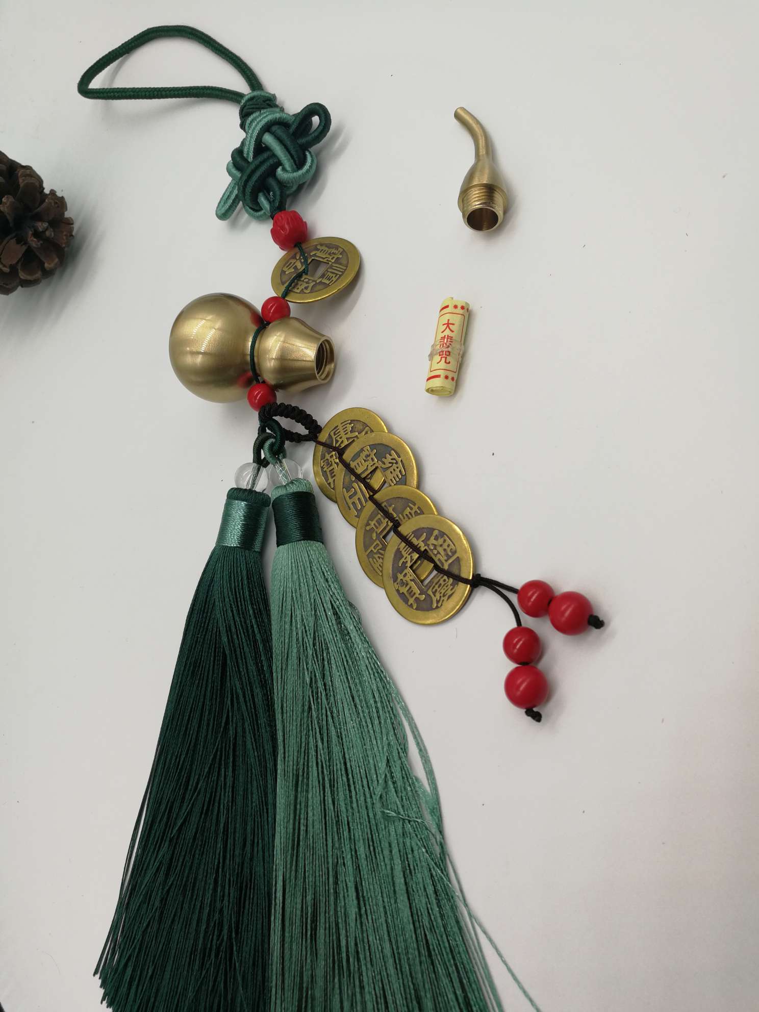 Pure copper brushed sealed oil gourd with Five Emperors' coins hanging on a car undefined