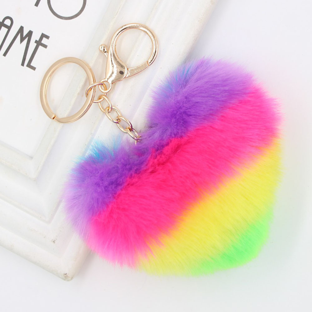 New Colorful Rainbow Love Cute Hairball Keychain Women's Bag Plush Pendant Car Gift Pendant details Picture