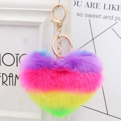 New Colorful Rainbow Love Cute Hairball Keychain Women's Bag Plush Pendant Car Gift Pendant