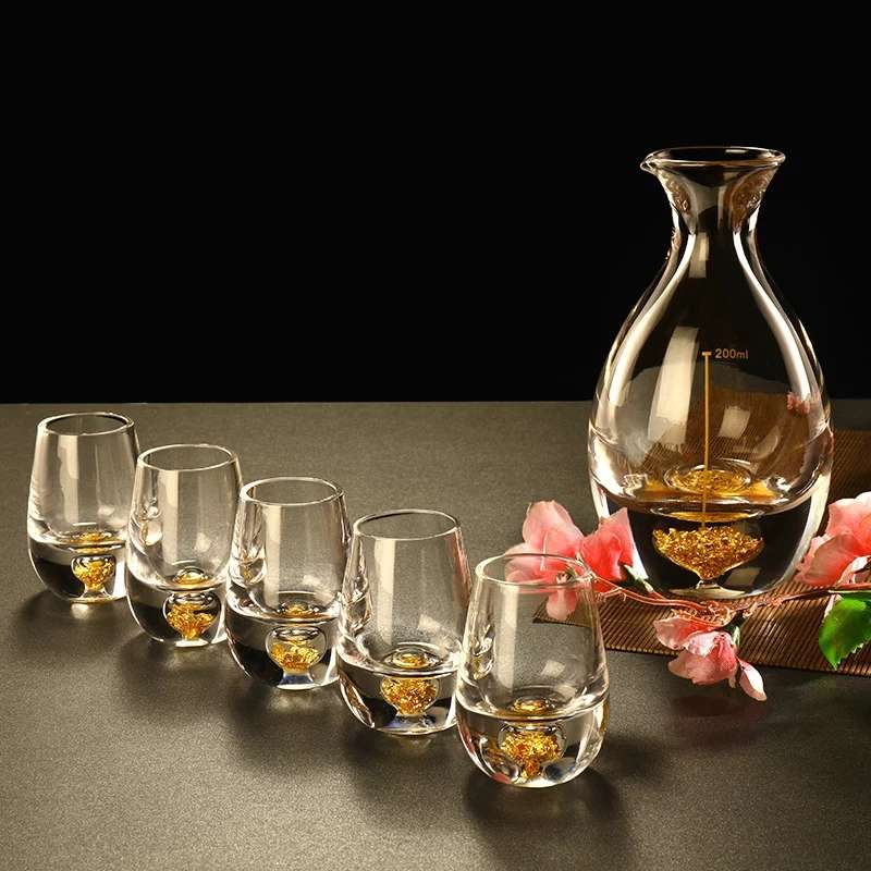 Crystal white spirit cup, one-mouth cup, gold foil glass wine cup, wine divider, high-end wine ware, round-belted cup, wine glass gift box set details Picture