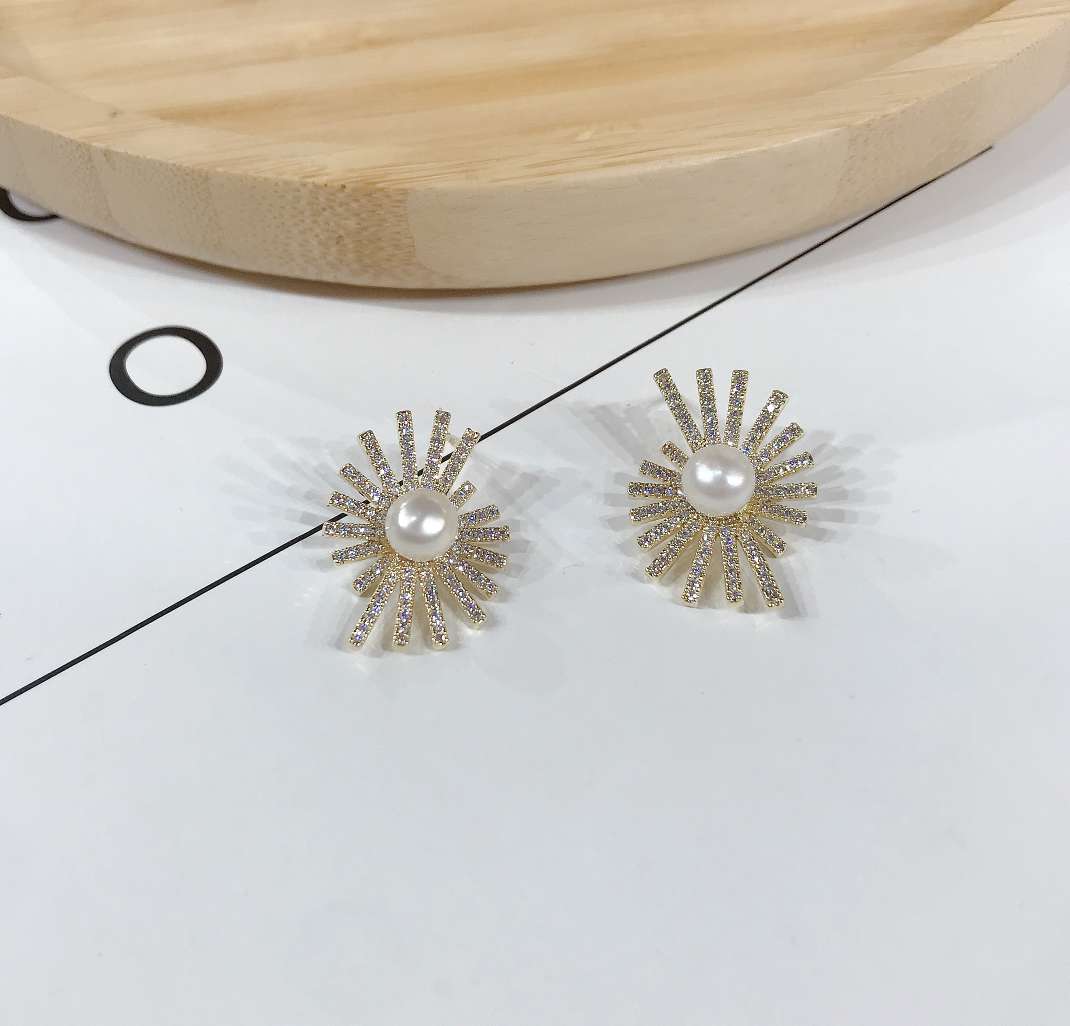 韩国气质银针太阳花珍珠耳环