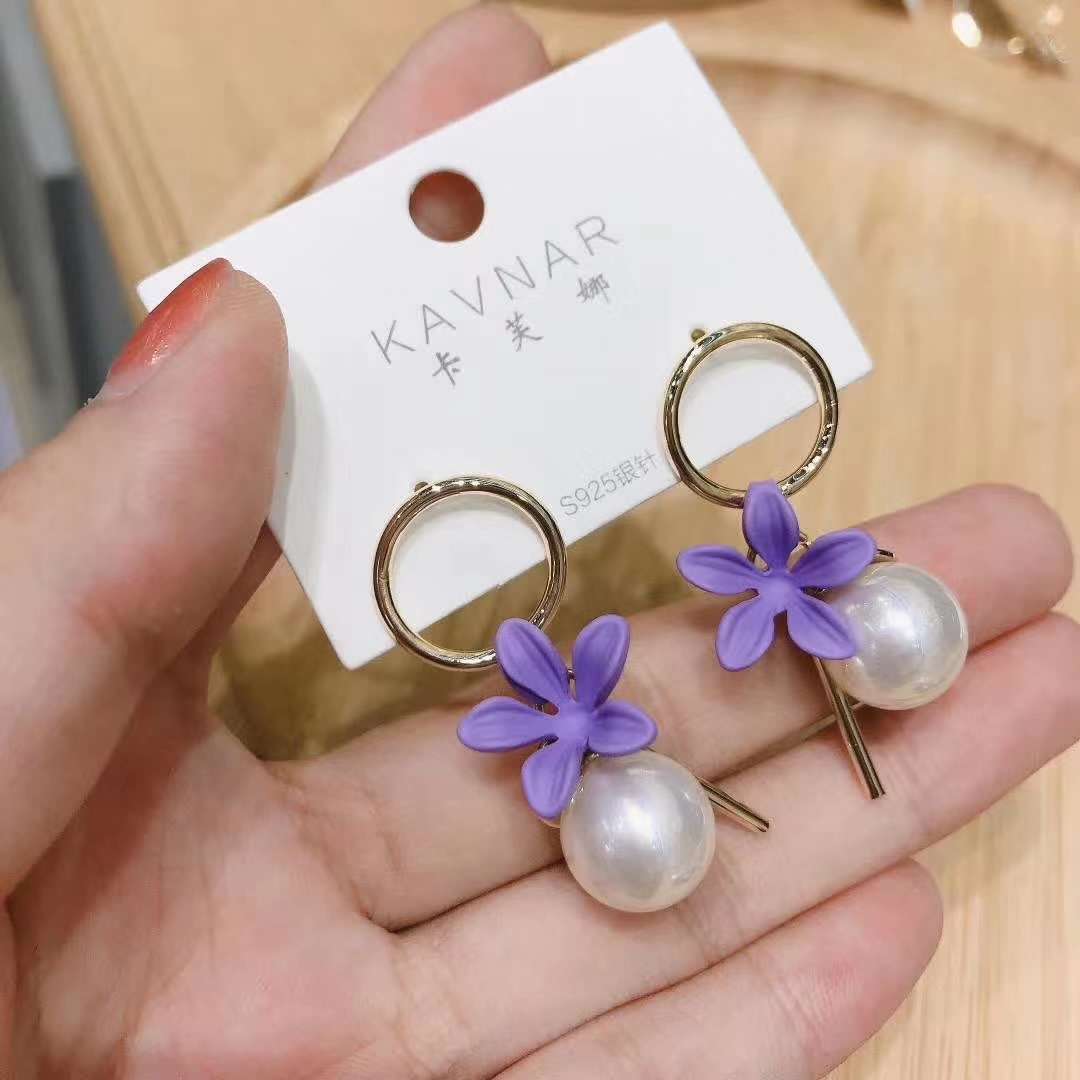韩国气质银针紫色花朵珍珠耳环