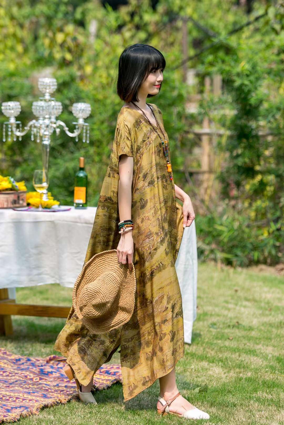夏季新款原连衣裙女民族风麻棉宽松大码中长款裙子2024