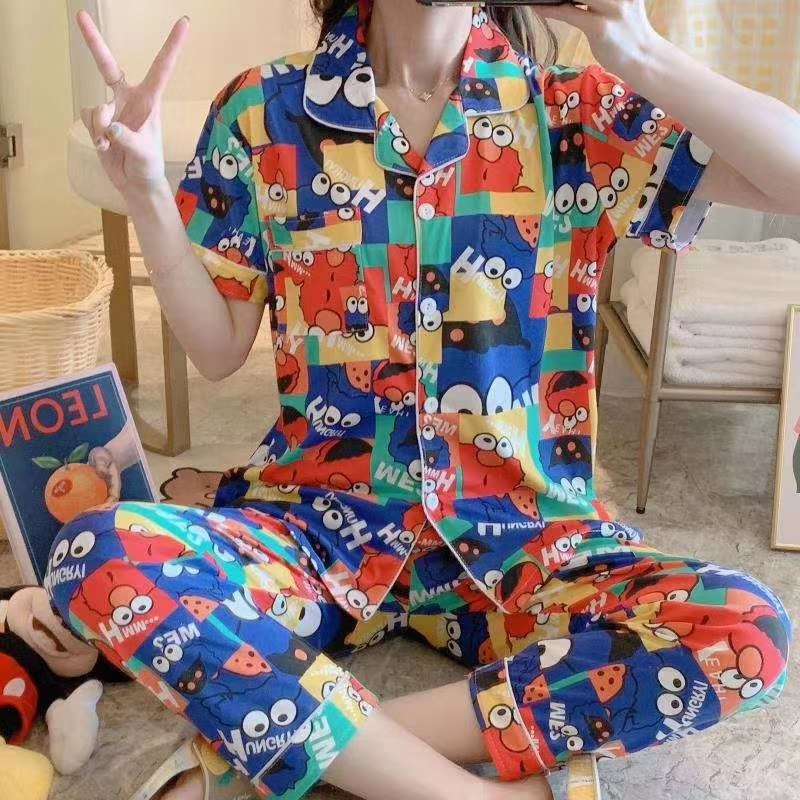 Knit Women's Pajamas, Loungewear, Short-Sleeved Pantsuit With Many Patterns, Four Yards M-Xxl undefined