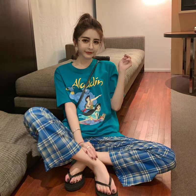 Knit Women's Pajamas Loungewear Short Sleeve Pants Suit Can Be Worn Four Sizes, M-Xxl Specification drawing