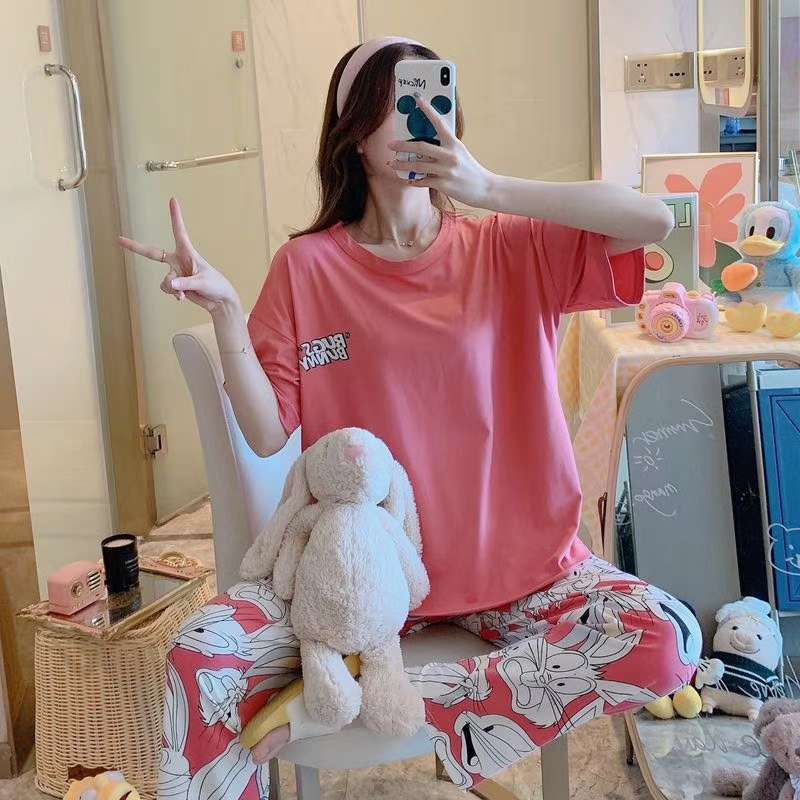 Knitted Women's Summer Pajamas Home Wear Short Sleeve Pants Four Sizes M-Xxl details Picture
